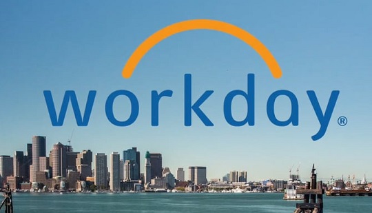 Workday logo over downtown area